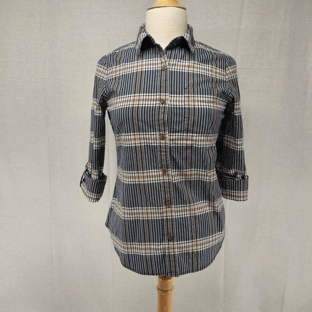 Pendelton Plaid  Button-up Rolled-Sleeve Blouse with Collar Navy/ Tan Sz XS - Picture 2 of 8
